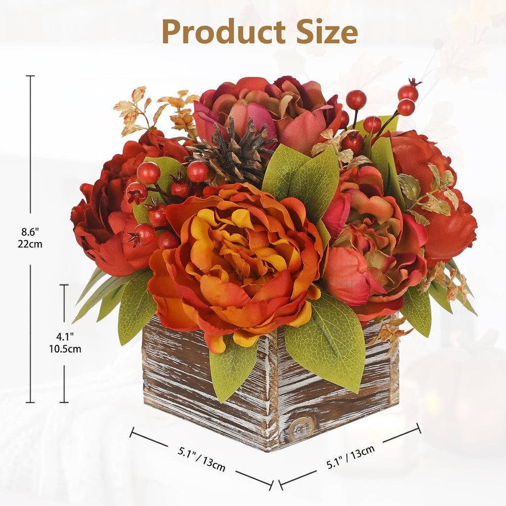 Fall Peonies Artificial Flowers Arrangements In Rustic Square Wooden Box