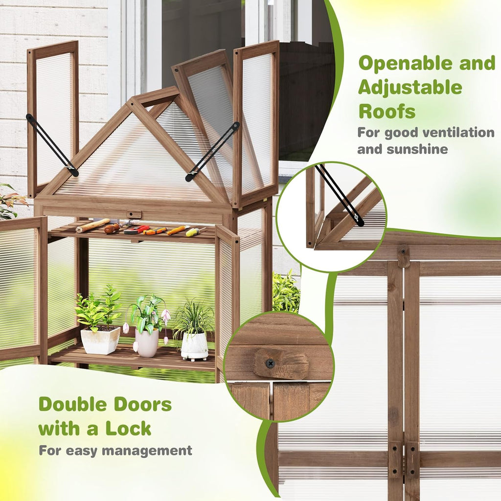 Garden Cold Frame, Mini Greenhouse Storage Shelves w/ Transparent Flip-Top Roof & 3 Adjustable Shelves, Indoor &