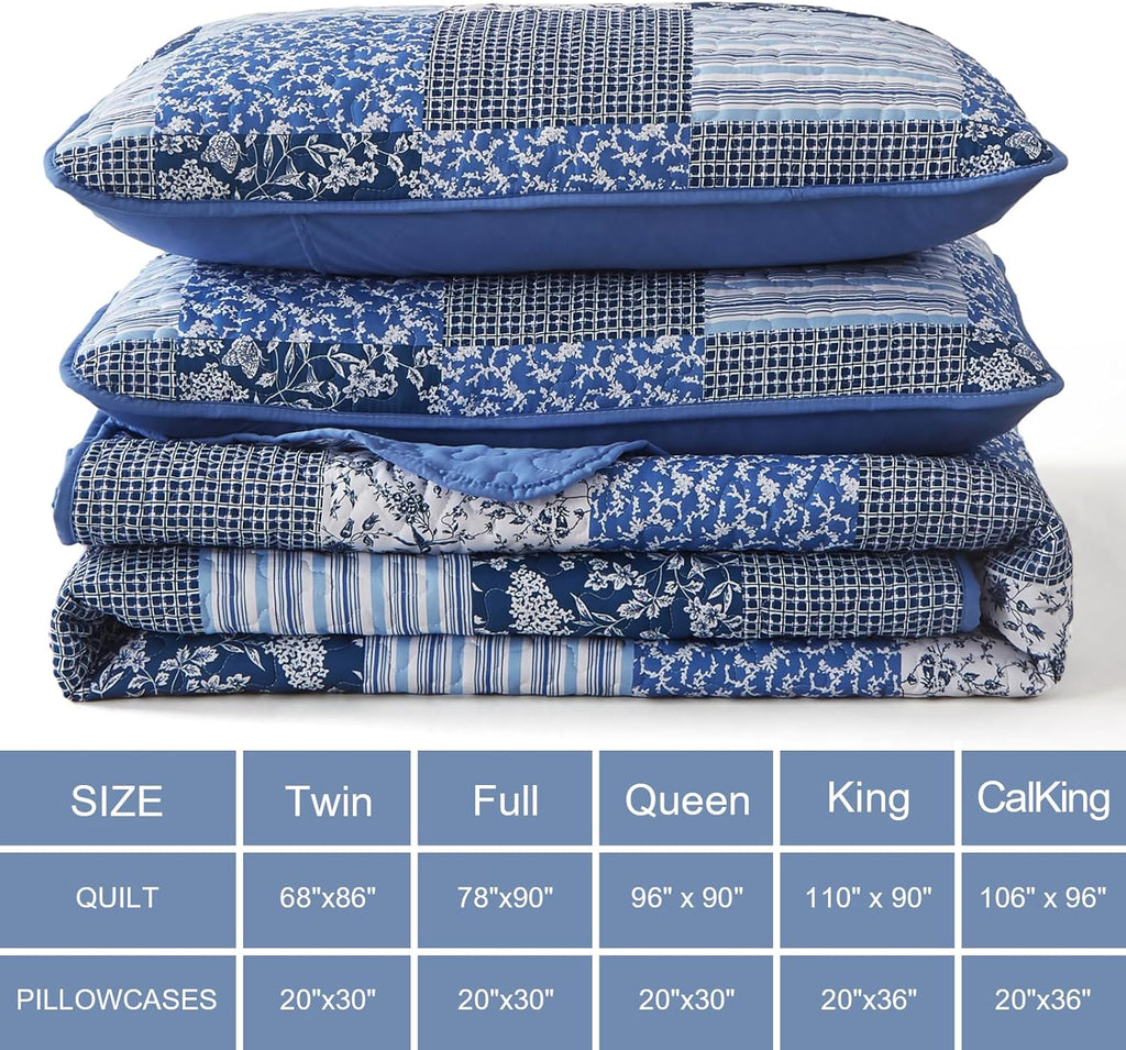 Blue Quilt Set California King, 3 Pieces Plaid Floral Bedspread Set Patchwork Reversible Bedding Set Microfiber