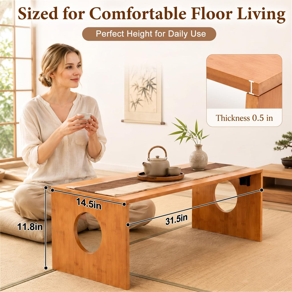 31.5" Japanese Floor Table, Foldable Bamboo Low Tea Meditation