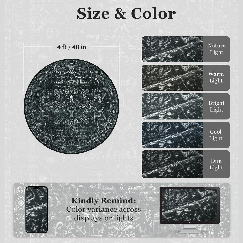 Black White Small Round Washable Rug 4ft Entryway, Kitchen Bathroom Thin Circle Rug 4 Feet Non Slip, Contemporary