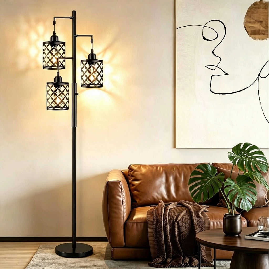 68" Industrial Tree Floor Lamp, Dimmable Farmhouse Tall Standing Lamp with Quatrefoil Cutout Shades & Rotary Dimmer