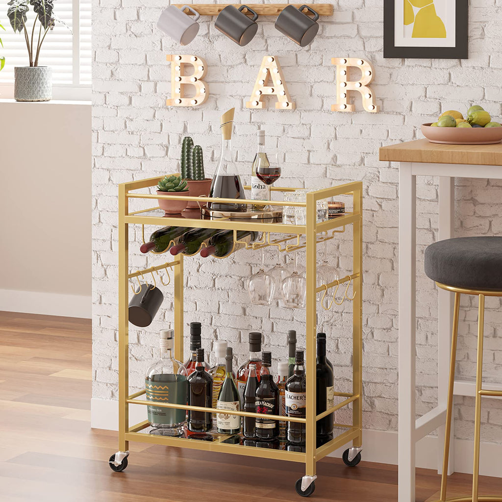 Gold Bar Cart with 2 Mirrored Shelves, Wine Rack & Glass Holder