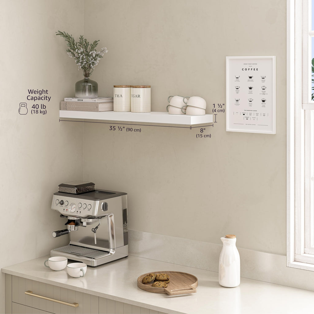 Floating Shelf, 36" Wood Wall Shelf with Invisible Brackets, 8" Deep, White