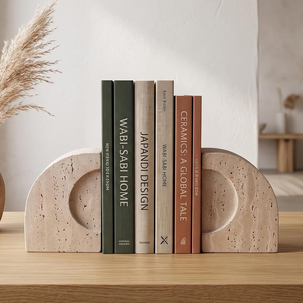Travertine Book Ends, Decorative Stone Bookends for Shelves, Heavy Bookends | Natural StoneBook Stopper | Sculptural