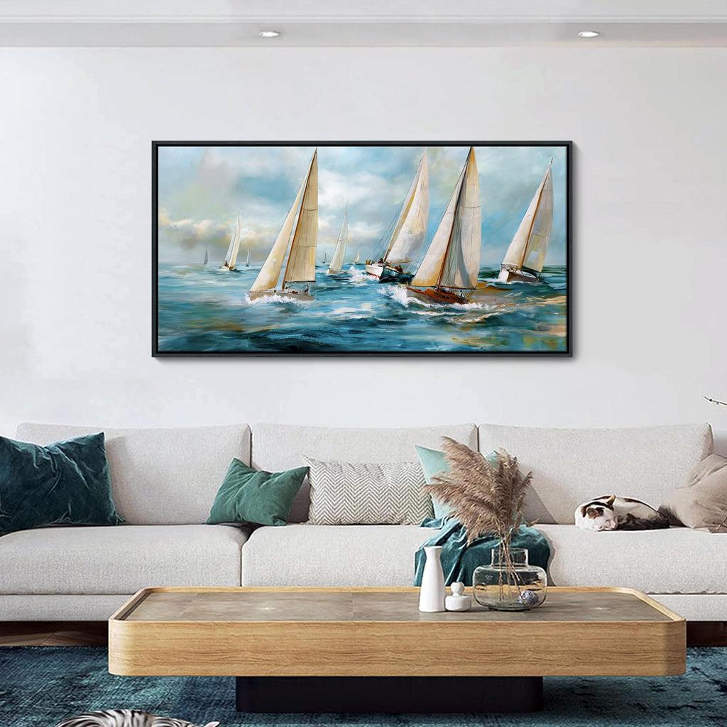 Sailboat Wall Art - Blue Canvas Retro Painting Textured Picture Artwork Vintage Nautical Large Painting Coastal