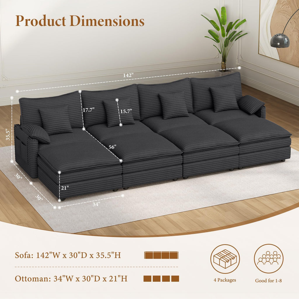 142" Cloud Sleeper Couch Living Room, Sectional Sofabed, Grey