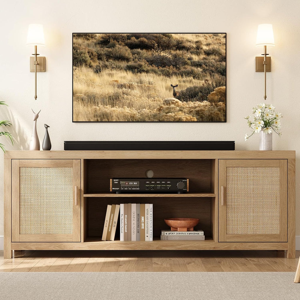 Rattan TV Stand for 75 inch, Boho Entertainment Center with Adjustable Shelves, Natural Oak TV & Media Cabinet 2-Tier