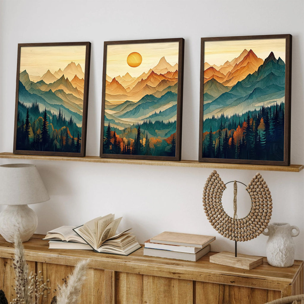 Mountain Wall Art Set of 3, Landscape Wall Decor, Teal Orange Forest Canvas Prints, Wood Framed Sunlit Peaks Picture