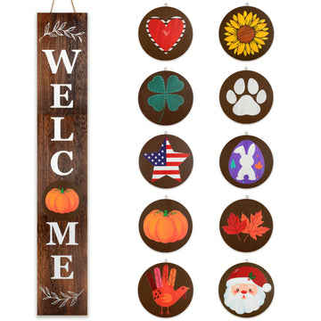 Interchangeable Welcome sign for front porch standing, 47 x 7.9 Inch Black Wooden Leaner Sign with 10 Interchangeable