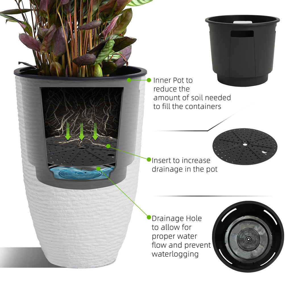 21" H White Tall Planters with Inside Pots, 2-Pack Large Plant Pots