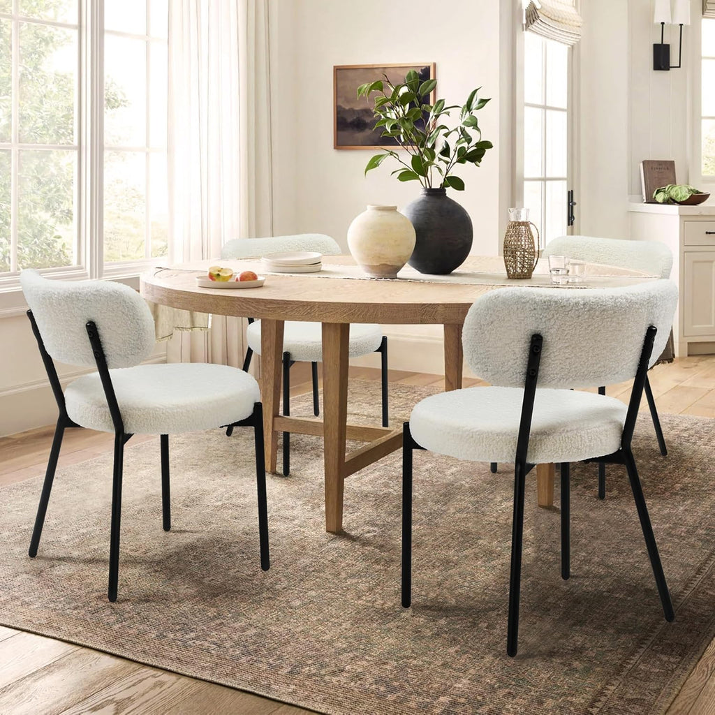 Dining Chairs Set of 2, Boucle Comfortable Upholstered Seat Fabric with Curved Backrest