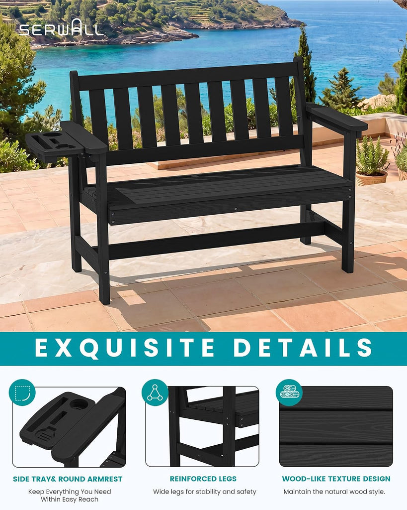 HDPE Outdoor Bench, Weatherproof Porch Bench, 1 Pack, Black | 660 lbs Weight Capacity, Suitable for 2 Person, HDPE