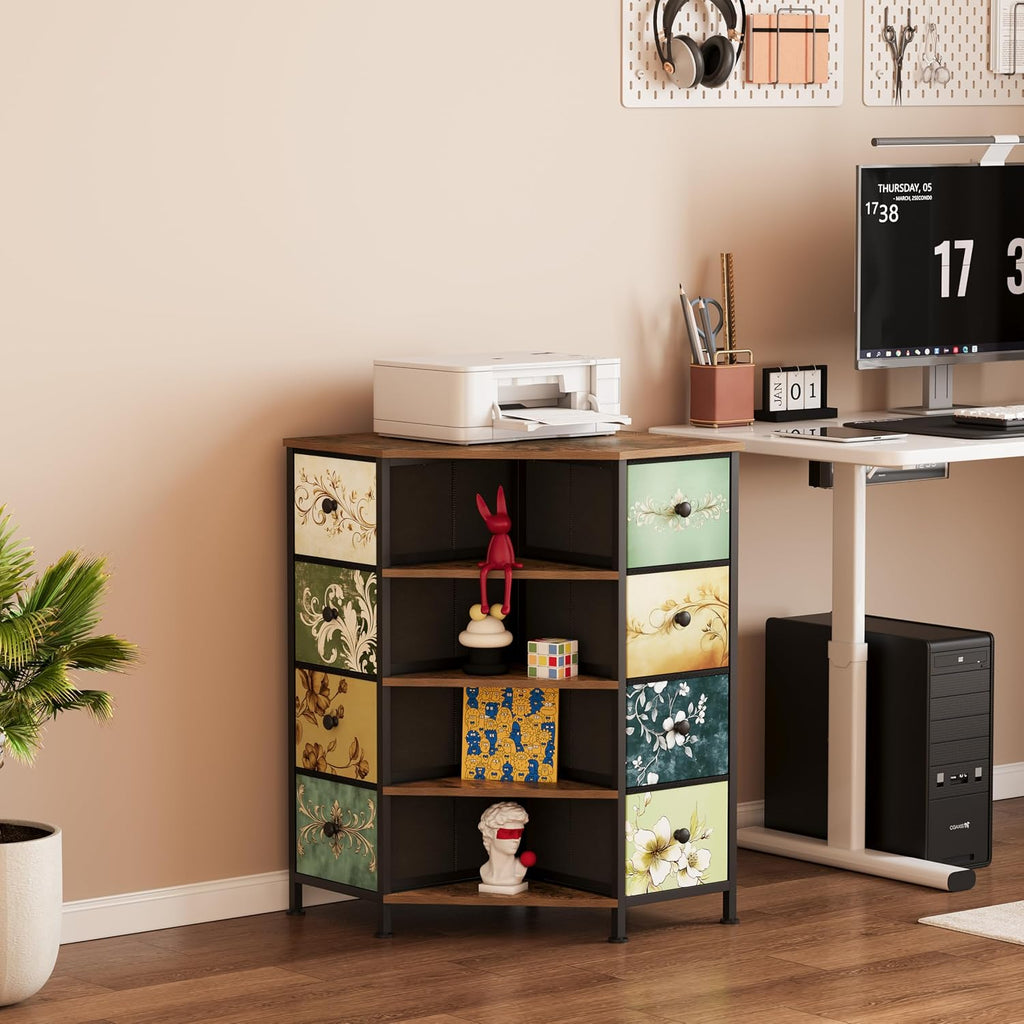 8 Drawers Corner Dresser with Fabric Drawers and Shelf | Retro Corner dresser with wooden top&4 open shelves,Corner