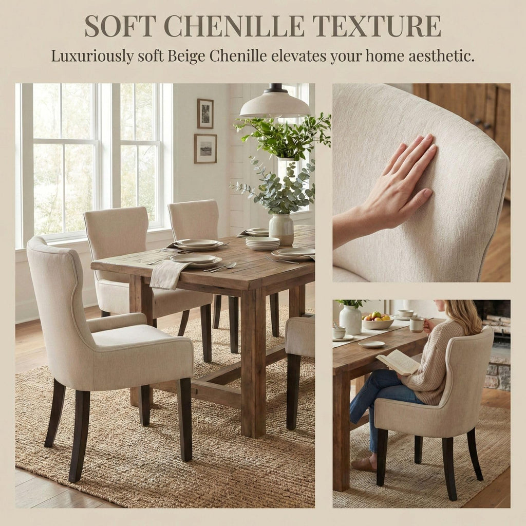 Upholstered Dining Chair Set of 2, Thick Padded Kitchen Accent Chairs with Wingback & Low Arms, Comfortable Seating
