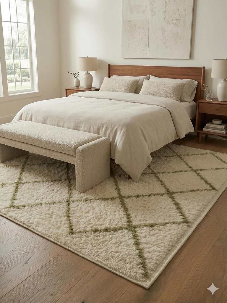 Handmade Moroccan Berber Area Rug 6' x 9', 100% Wool High Pile Shag, Beni Ourain Style, Ivory/Cream with Green
