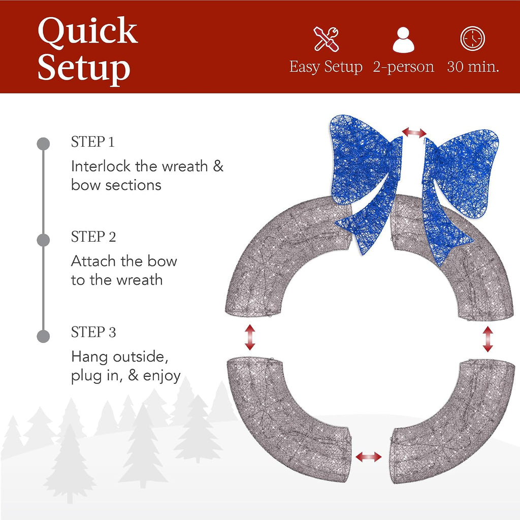 60in Pre-Lit Outdoor Christmas Wreath Decoration, LED Metal Holiday Decor Exterior, Garden w/ 206 Lights, Bow