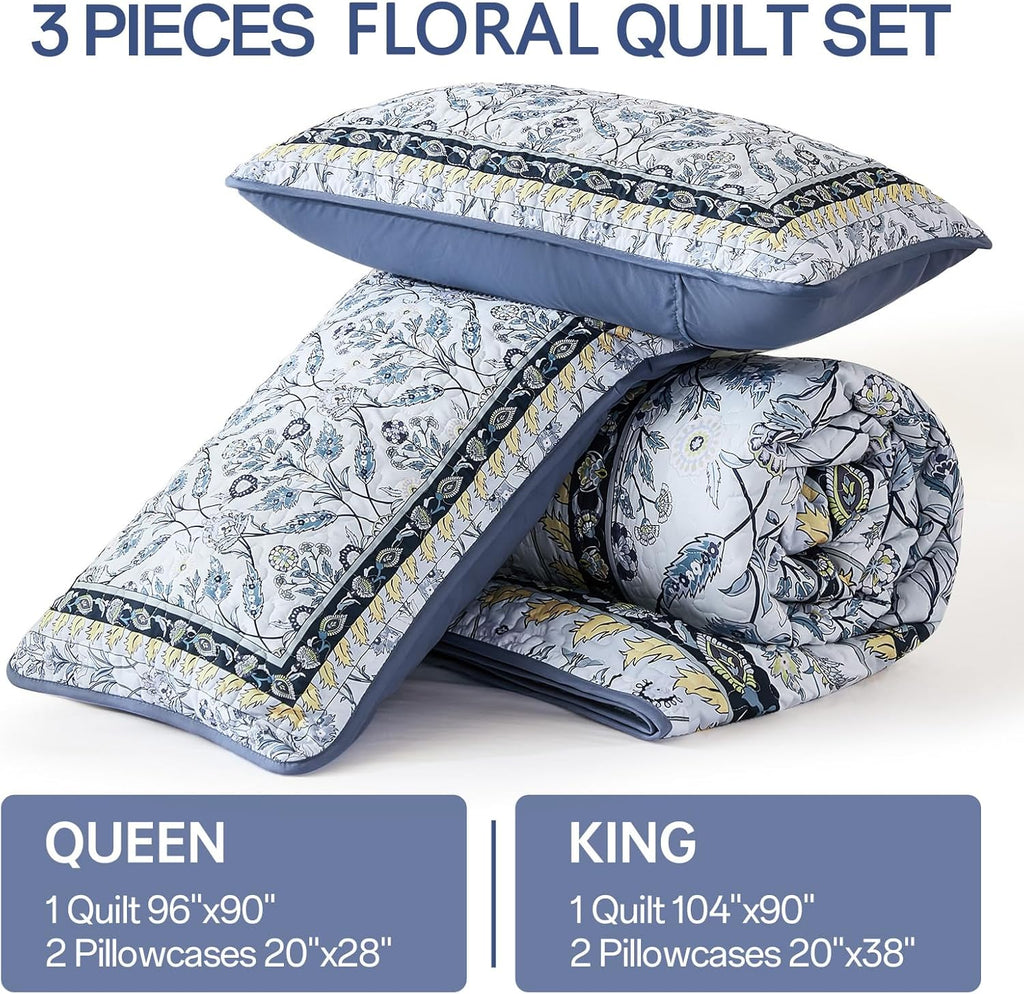 Queen Quilt Sets, Navy Blue Floral Quilt Set Queen 3 Pieces Boho Bedspread Coverlet Set with 2 Pillowcases Soft