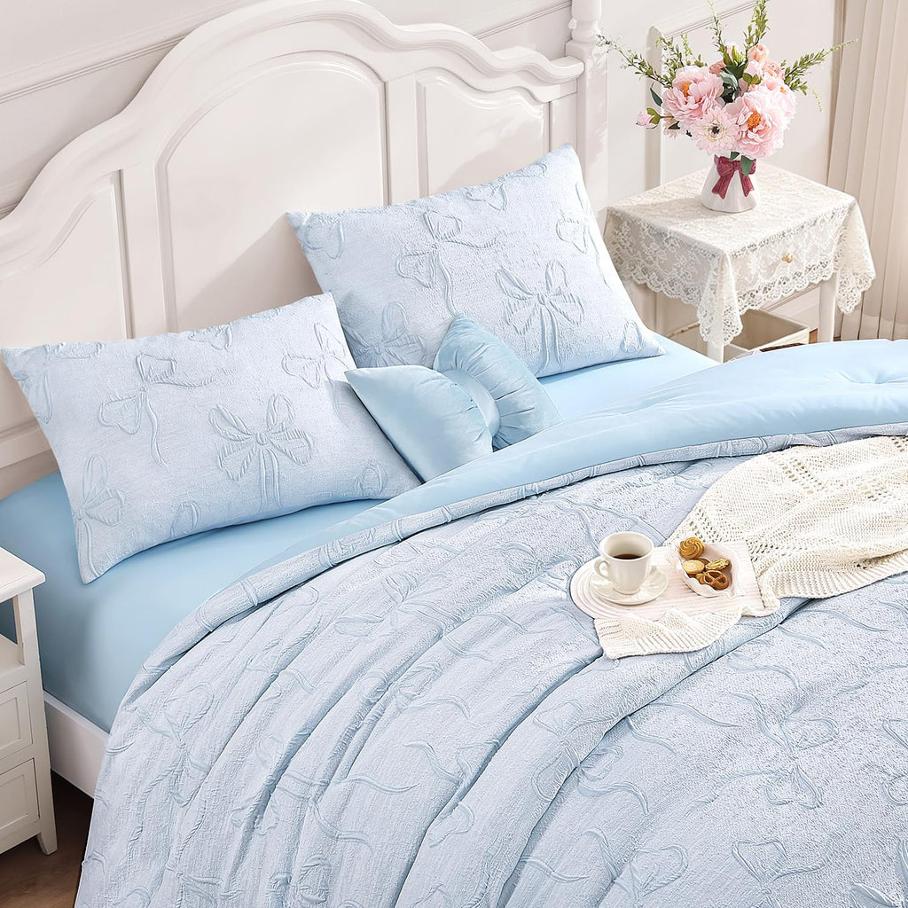 Queen Blue Bow Comforter Set, 3D Boho Tufted Bedding Set for Girl