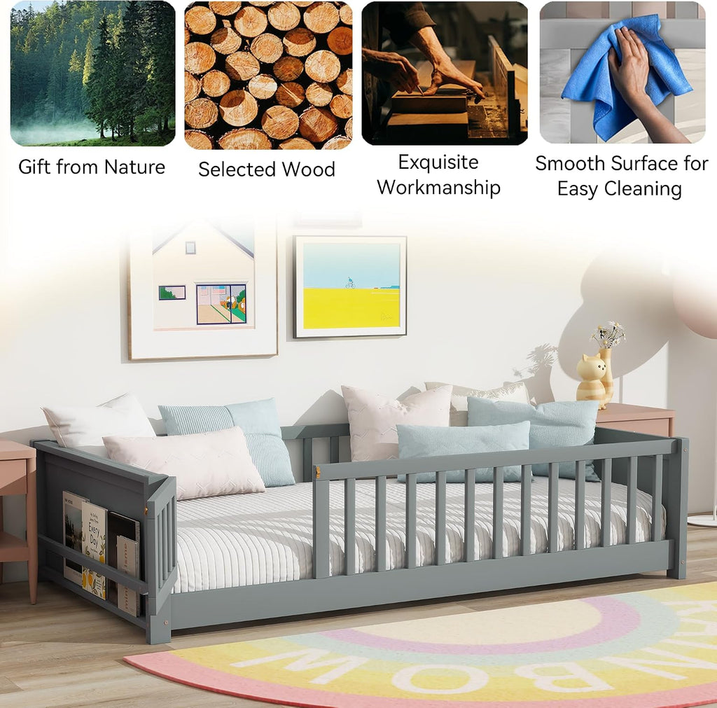 Toddler Floor Bed with High Rails, Wooden Montessori Bed Frame with Door & Built-in Book Rack, Twin Size Bed Frame