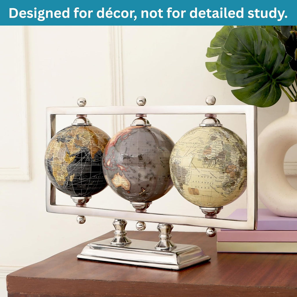 4'' World Globes Sturdy Metal Silver Stand Rotating Desktop Globe For Geographic Home Decorative Desk Table - Set of 3
