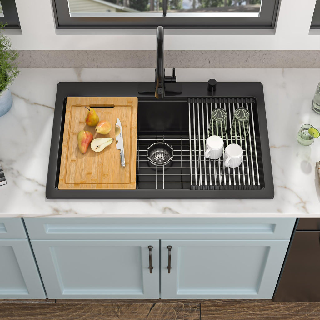33 Granite Composite - 33"x22" Granite Drop In Topmount Ledge Workstation ‎Matte Black Quartz Classic Above Counter