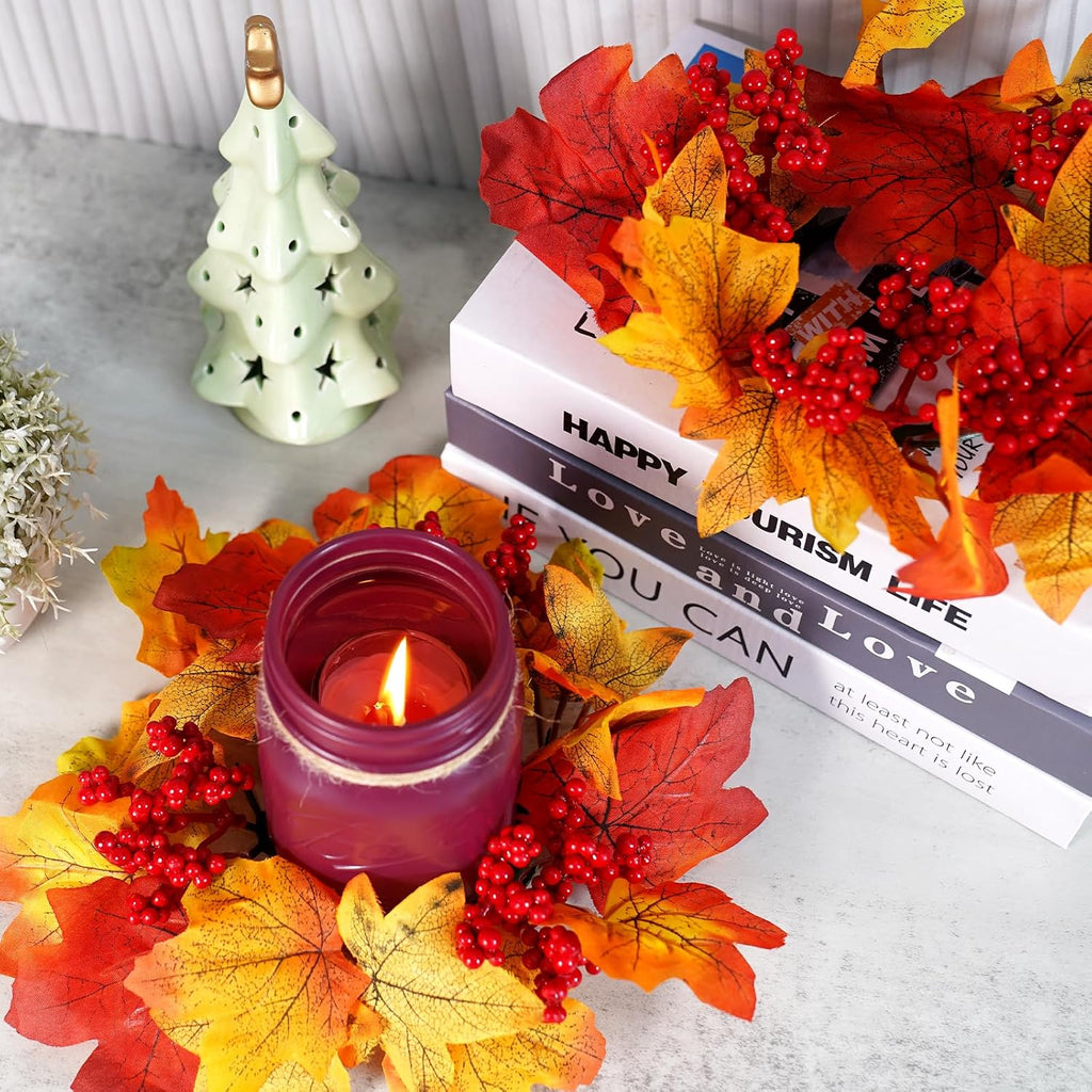 Fall Mason Jar Centerpieces for Tables - Thanksgiving Table Decorations with Autumn Leaves & Berries, Autumn Candle - Set of 3