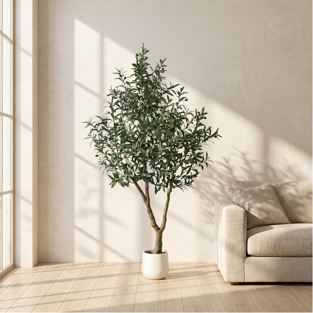 6FT Olive Trees Artificial Indoor, Thick Trunks, White Exquisite Planter, Fake Plants with Realistic Leaves and