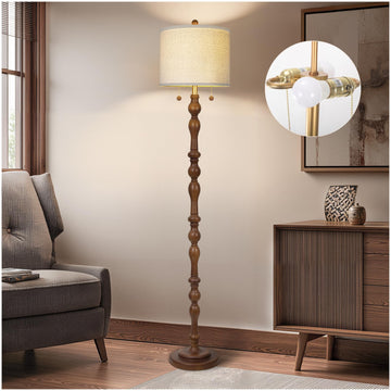 65.5" Natural Real Wood Floor Lamp with Dual Pull Chains Switch