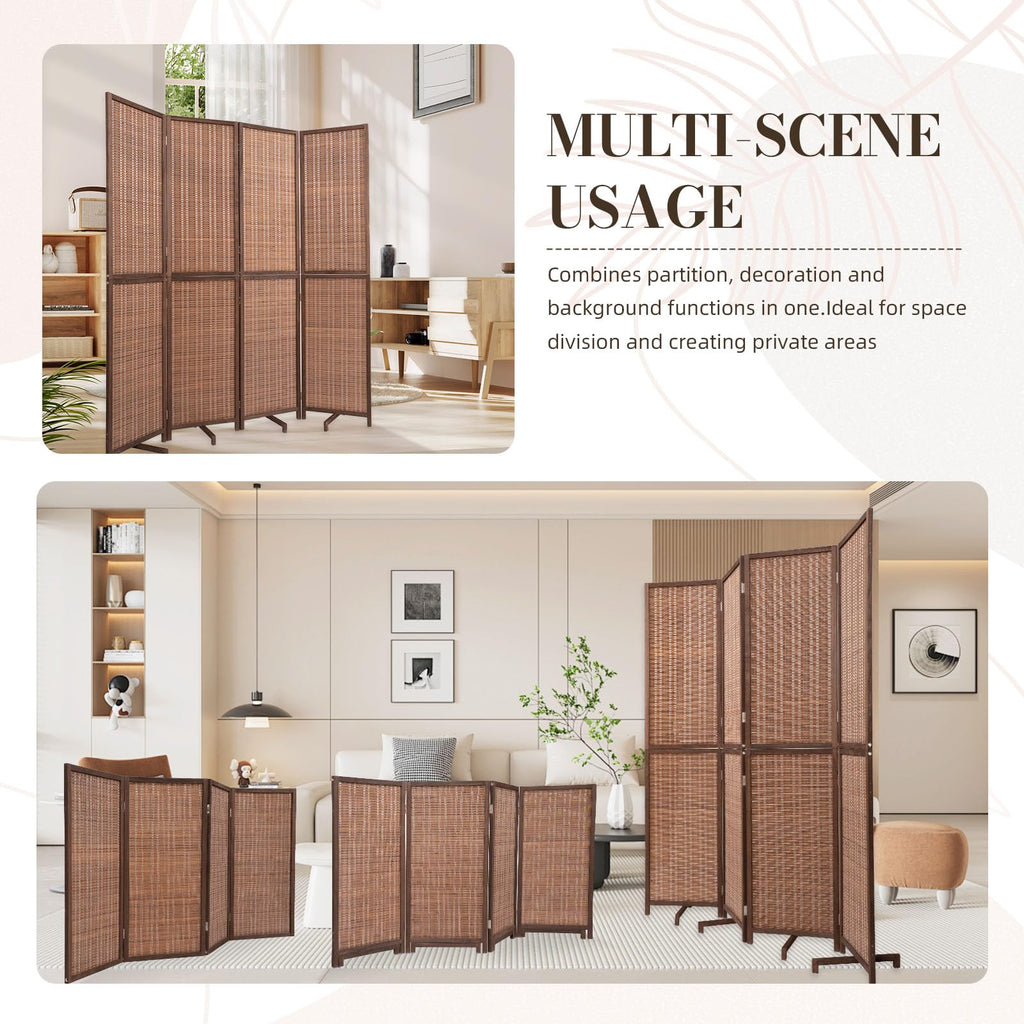 Bamboo Room Divider 67"4 Panel, Wooden Frame Freestanding Wall Divider, Brown