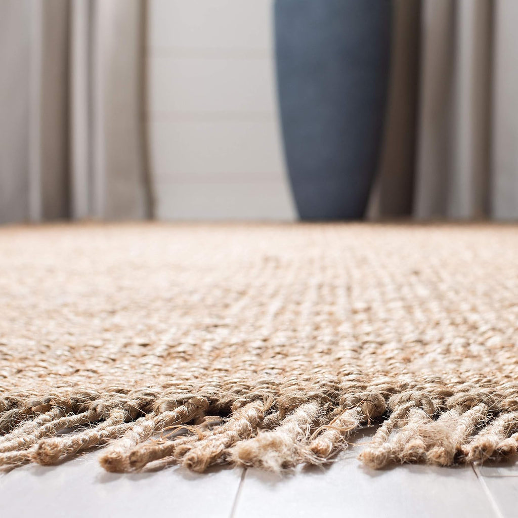 Natural Fiber Collection Area Rug - 4' Square, Natural, Handmade Boho Fringe Woven Jute, Ideal for High Traffic Areas
