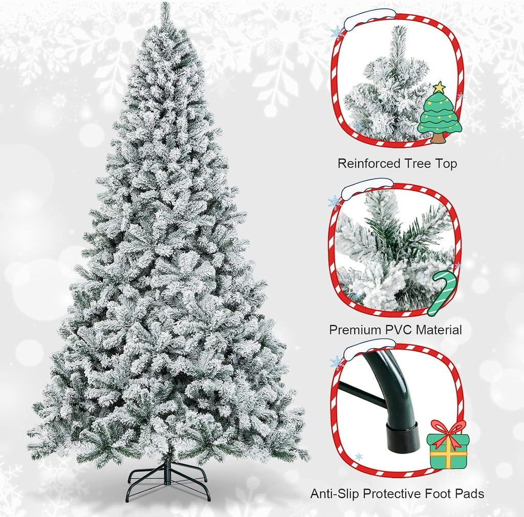 Flocked Christmas Tree Artificial Xmas Tree with 1498 PVC Branch Tips, Hinged Xmas Tree Life-Like Seasonal