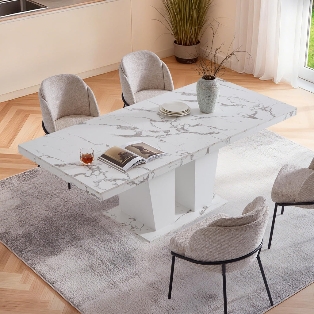 63-79 Inch Extendable Dining Table for 4-8 People (Marble White)