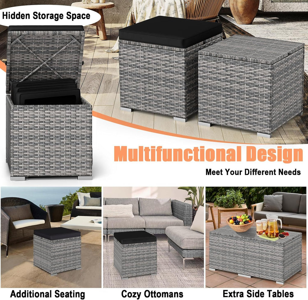 16" Outdoor Ottoman with Storage, Set of 2 Wicker Ottoman, Rattan Cube Footstool w/Removable Cushion Covers, Square
