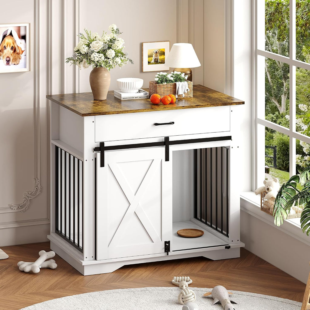 Heavy Duty Dog Crate Furniture 38 Wood Kennel with Barn Door, White