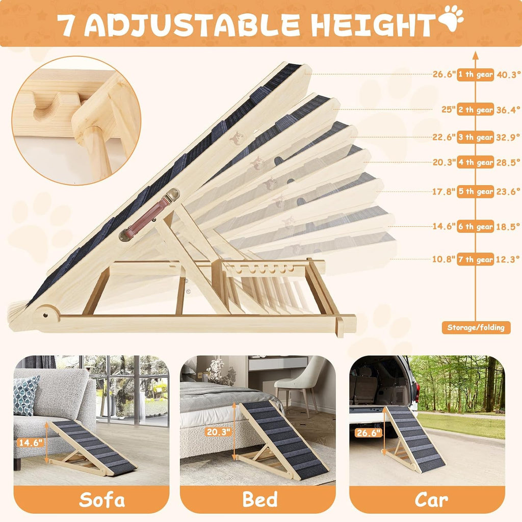 Dog Ramp for Bed, Folding Wooden Pet Ramp for Small Large Dogs Cats