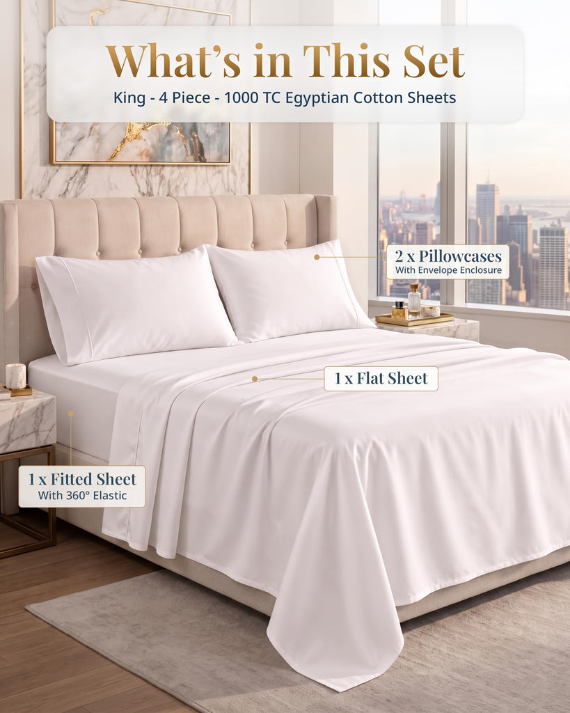 100% Egyptian Cotton Sheets Silky Sateen Weave - White