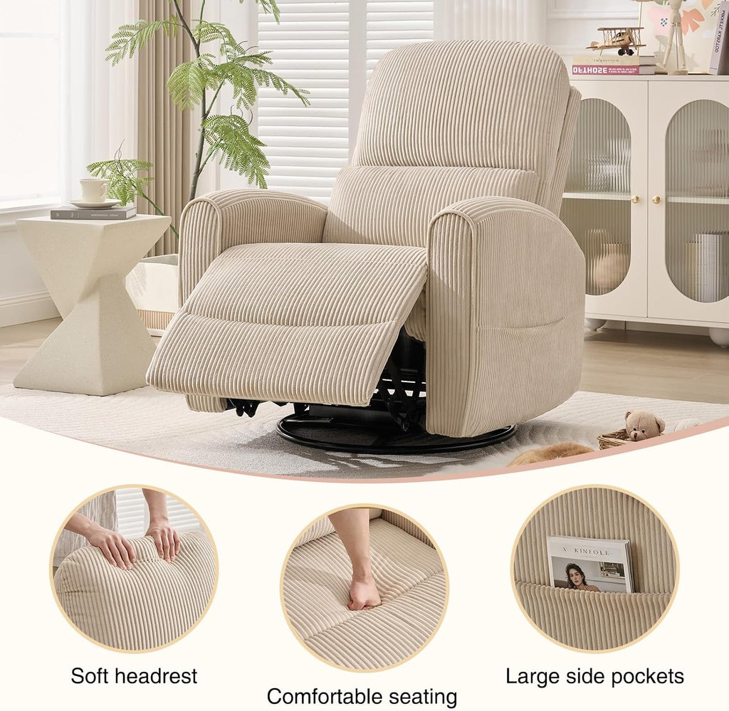 Swivel Rocker Recliner, Manual Glider Recliner Chair with Adjustable Headrest and Lumbar Support, Upholstered Rocking