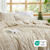 Tufted Boho Comforter Set Queen - Beige Boho Bed Set, GentleSoft 3 Pieces Farmhouse Shabby Chic Embroidery Bedding