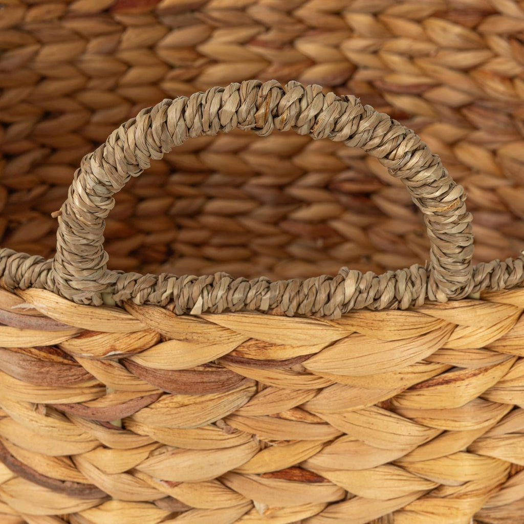 Round Handwoven Water Hyacinth and Seagrass Basket with Handles, Natural