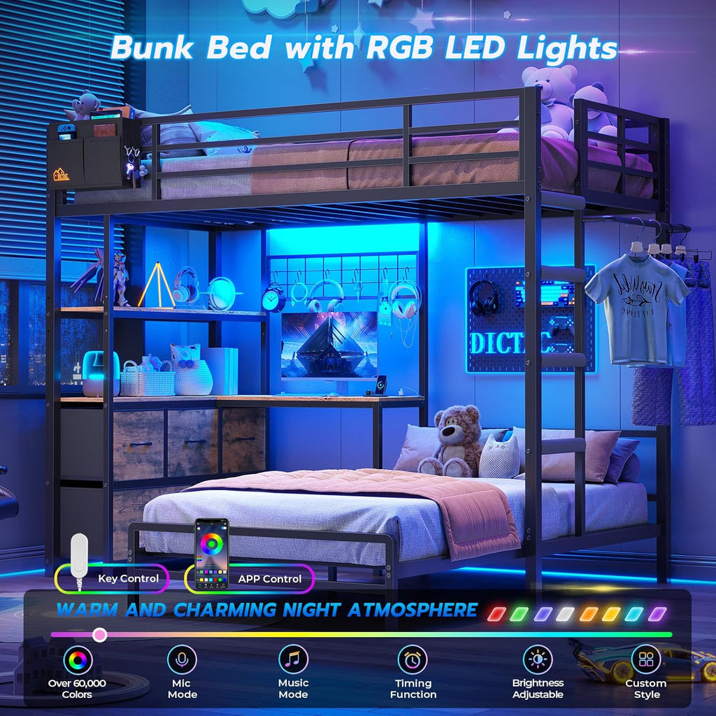 Bunk Bed with L-Shaped Desk,5 Storage Drawers and 2 Shelves Metal Twin XL Over Twin Bunk Bed with LED Lights and