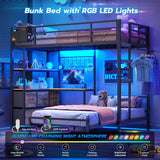 Bunk Bed with L-Shaped Desk,5 Storage Drawers and 2 Shelves Metal Twin XL Over Twin Bunk Bed with LED Lights and