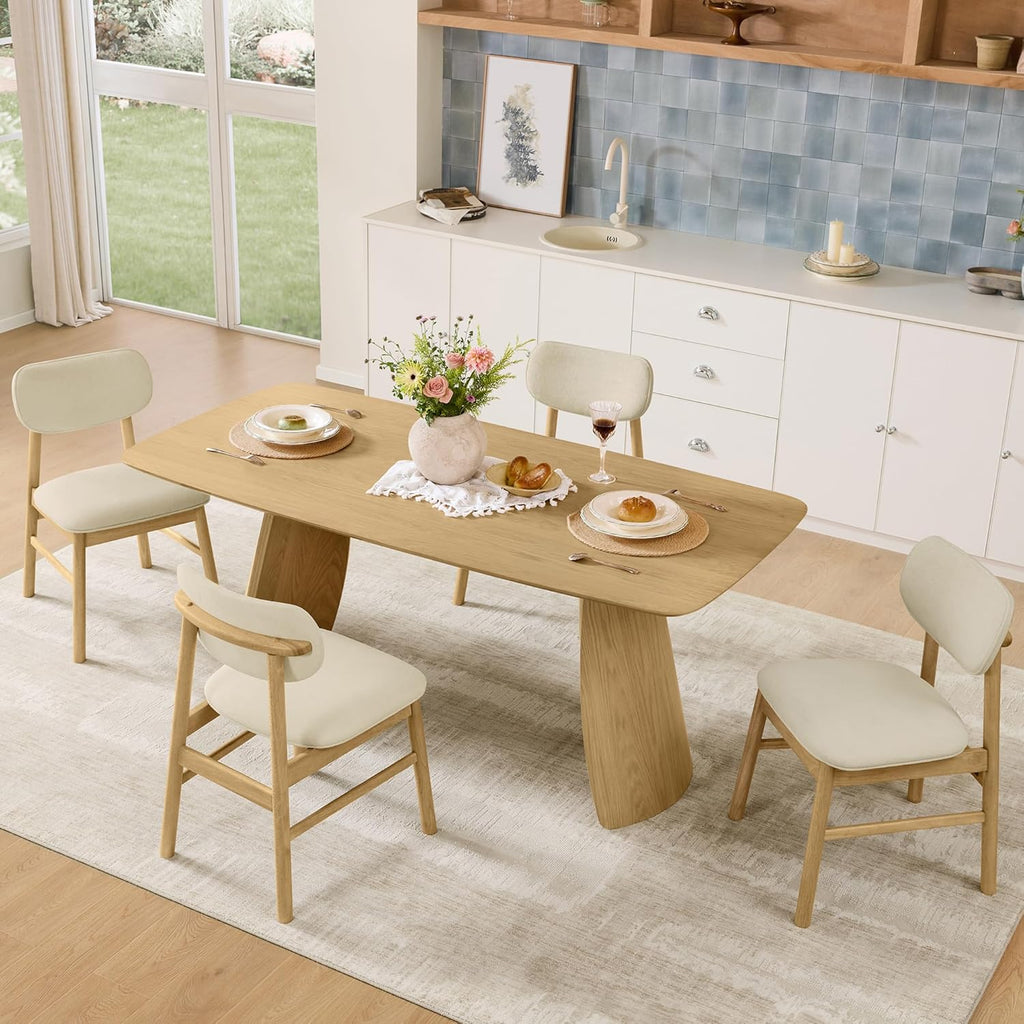 71" Modern Dining Table for 6, Rectangle Wood Kitchen & Dining Room Table, Solid Rubberwood Frame, Bentwood Legs, Oak