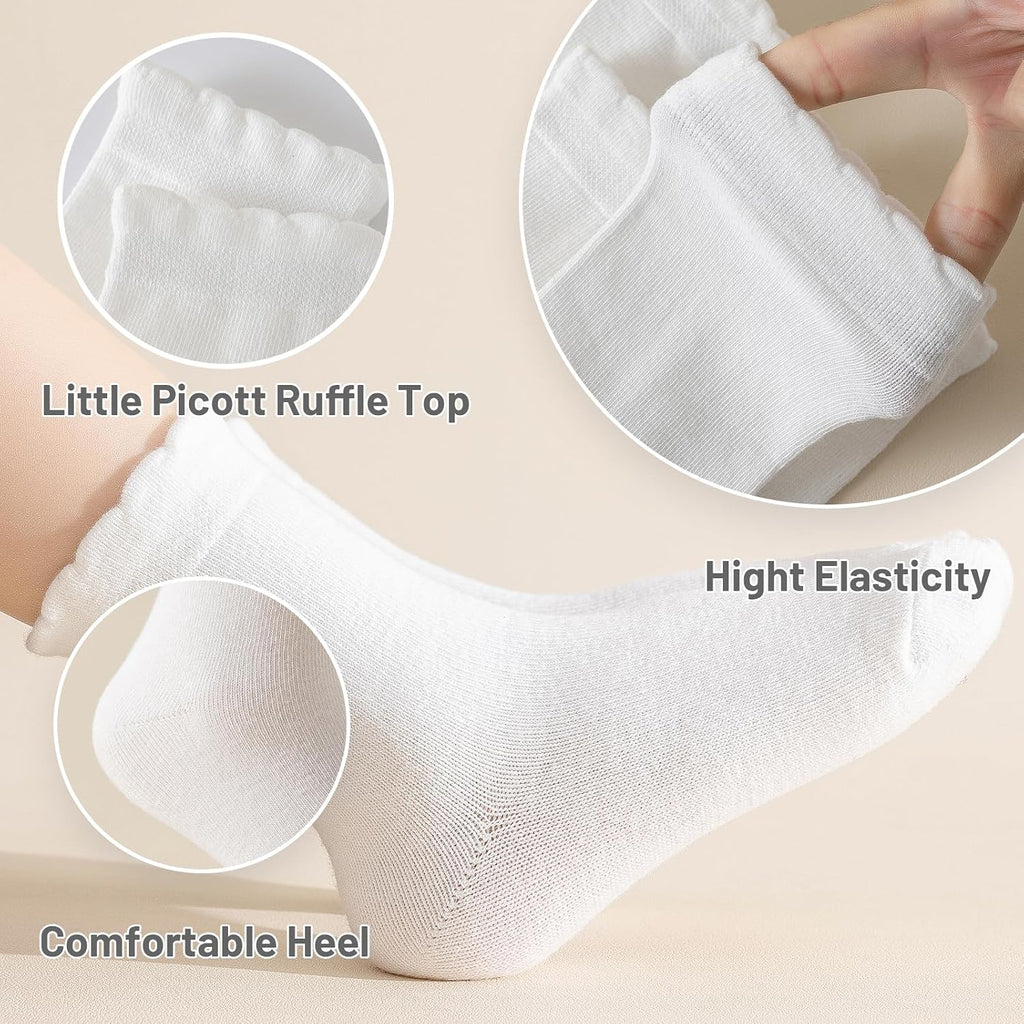 6 Pair Girls White Dressy Textured Short Socks Scallop Top Design