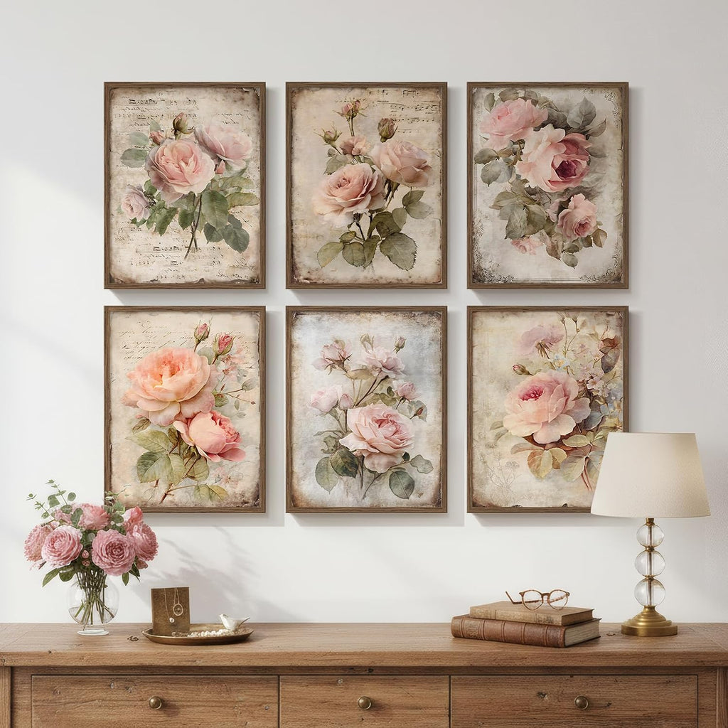 Framed Vintage Floral Wall Art, Set of 6 Boho Pink Rose Flower Canvas Painting Prints Artwork for Rustic Farmhouse