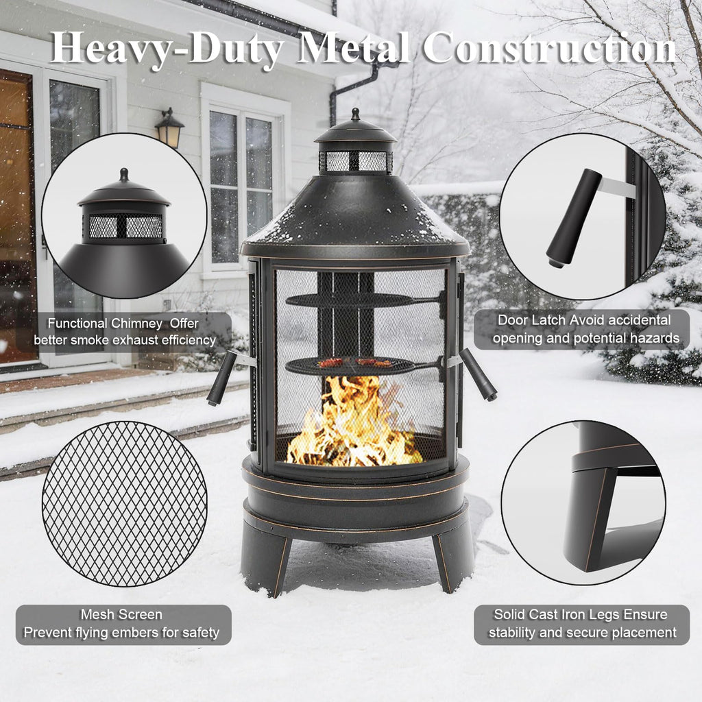 2 in 1 Metal Chimenea with Grill, Outdoor Fire Pit with Adjustable Grill Tray 3-Door Design Spark Screen Door