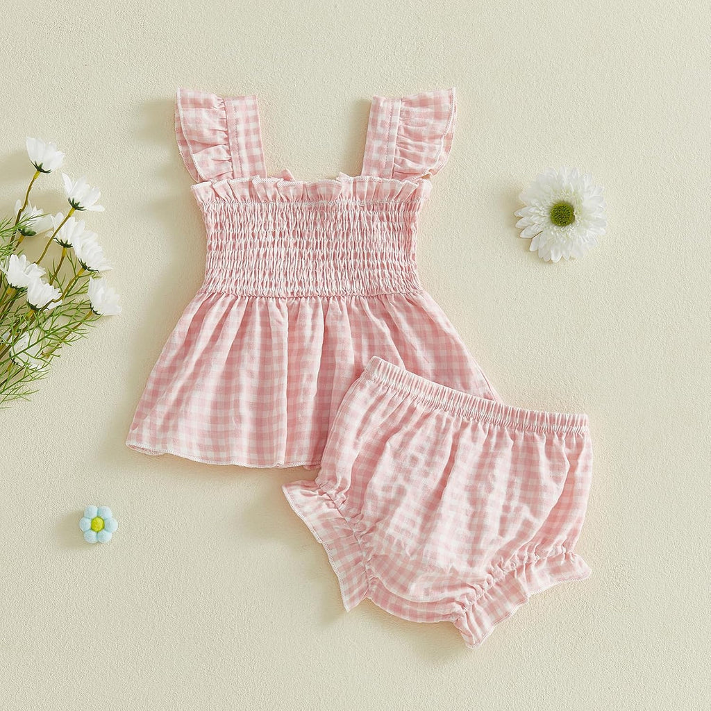 Baby Girl Clothes Infant Summer Outfits Set Plaid Ruffle Sleeve Shirt Tops and Bloomers Shorts