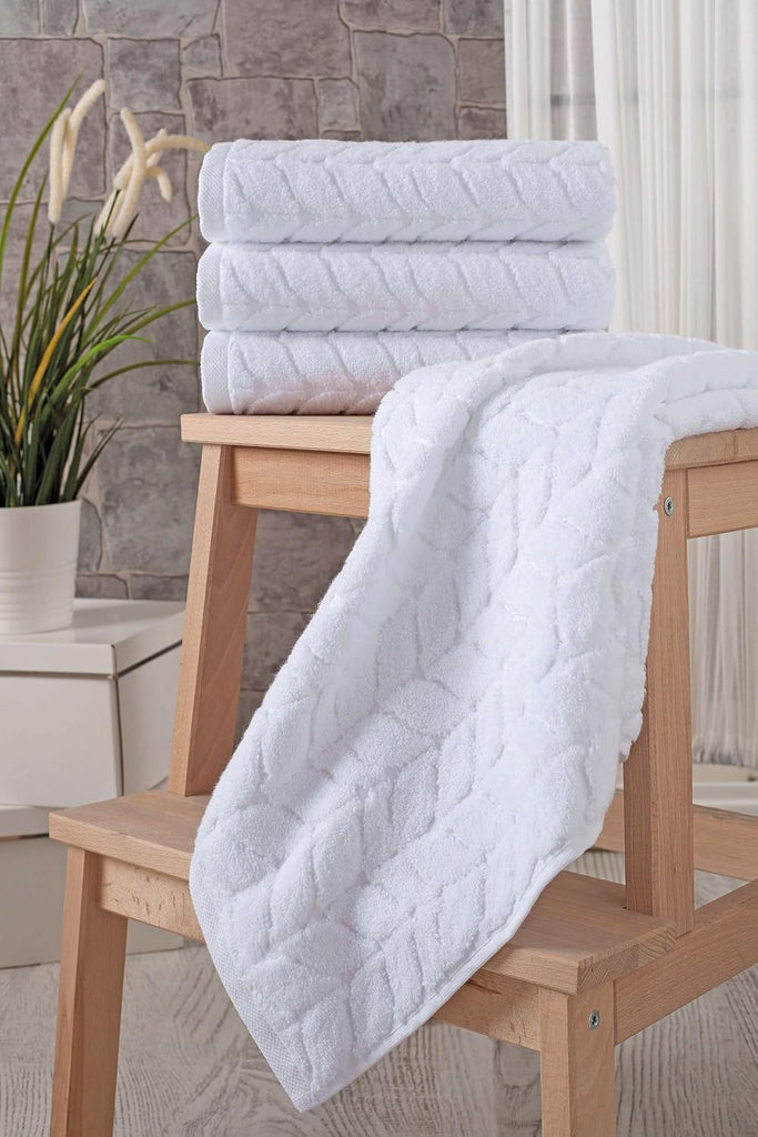 Turkish Cotton Bath Towels, Hand Towels - Soft Plush Jacquard Collection Luxury Towels Set (White, Towel Set of 6)