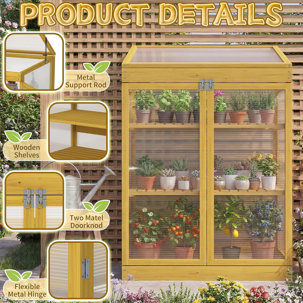Wooden Cold Frame Greenhouse, Garden Portable Mini Solid Wood Greenhouse Cabinet with Transparent Flip-Top Roof
