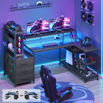 L Shaped Gaming Desk with Drawers & Storage Shelves for Game, Home Office | Corner Gaming Desk with Power Outlets &